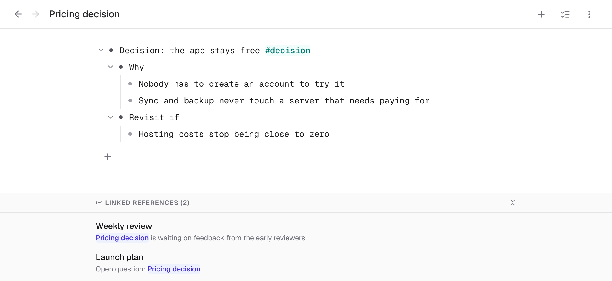 A note titled Pricing decision with a Linked references panel listing two notes that mention it, each with the line containing the link