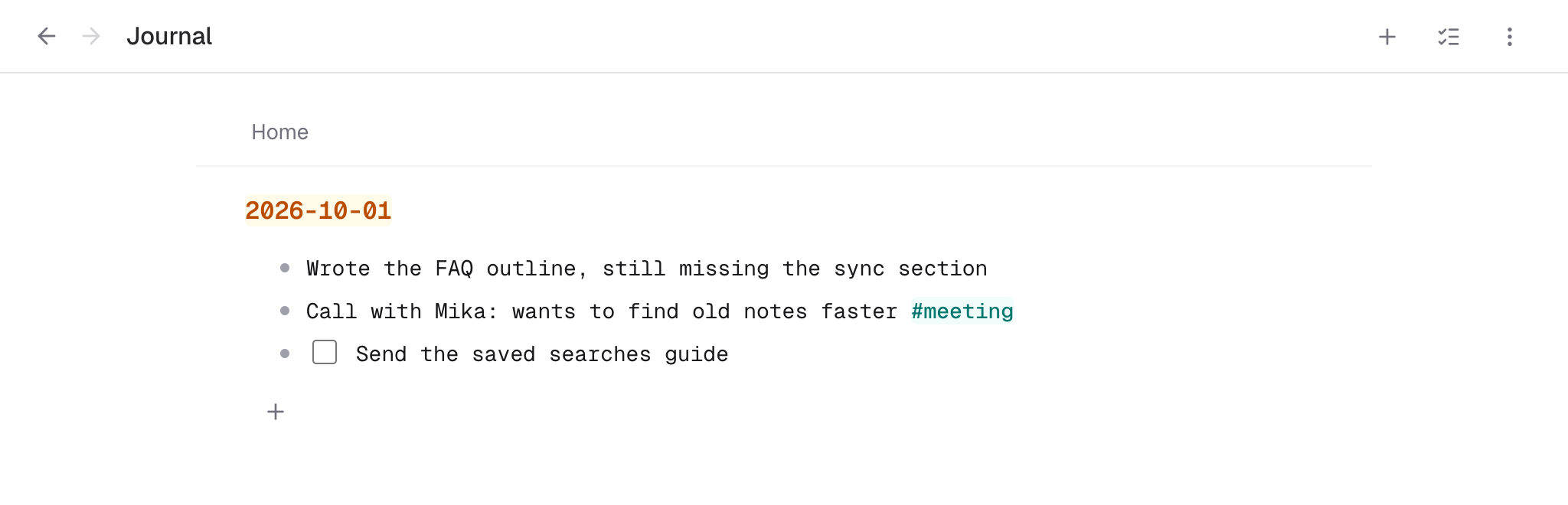 Today's branch of the Journal note, zoomed in: a dated heading with a plain line, a line with a tag and a checkbox task