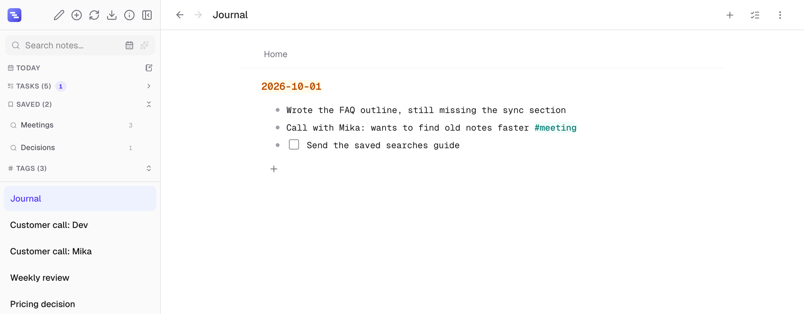 The sidebar with a Saved section listing two saved searches, Meetings with a count of three and Decisions with a count of one