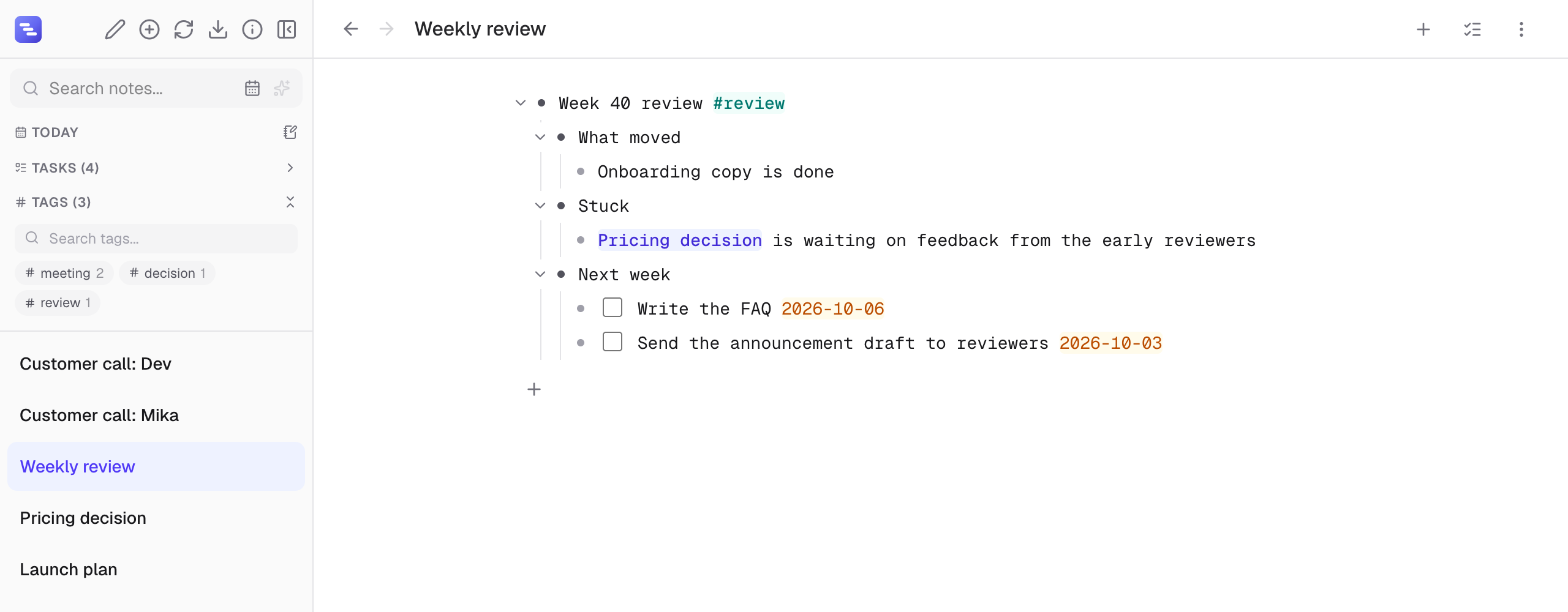 Indenta with the tag list open in the sidebar and a weekly review note showing a tag chip, a link chip and two dated tasks