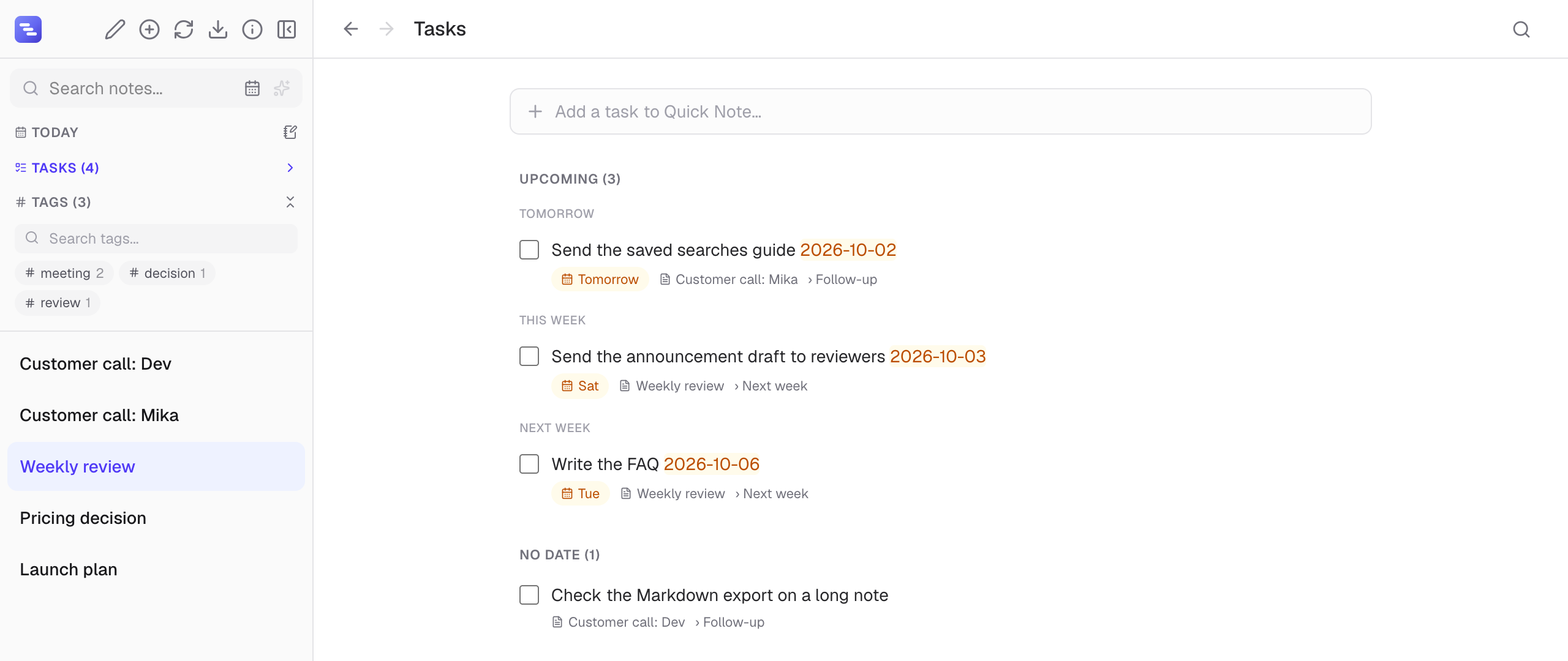 Indenta's task view: open tasks from several notes grouped under Tomorrow, This week, Next week and No date, each showing its source note